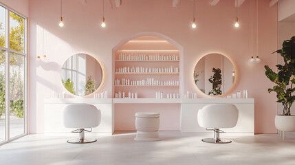 Modern Beauty Salon Interior Design with Pink Walls and White Furniture.