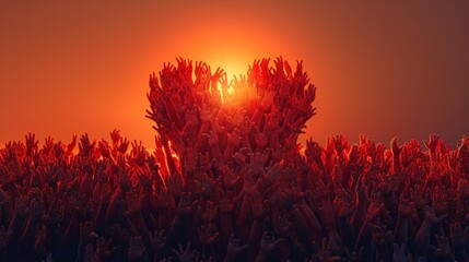 A crowd of hands reaching upwards, forming a heart shape against a fiery sunset.