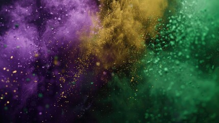 Close-up view of multi-colored confetti particles, with gold and green elements against a black backdrop, symbolizing celebration or a special event.