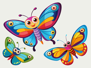 Cute butterflies. Cartoon butterfly, color summer moths in flight. Beautiful exotic tropical insects with wings. Flying butterflies Isolated vector set
