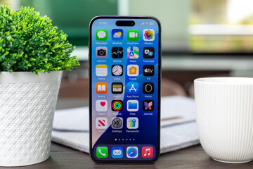 Apple iPhone 15 Pro Max with home screen IOS 18