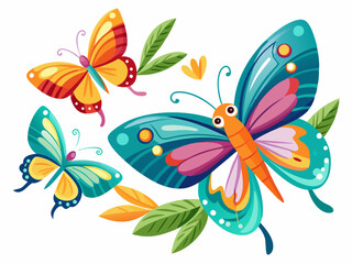 Cute butterflies. Cartoon butterfly, color summer moths in flight. Beautiful exotic tropical insects with wings. Flying butterflies Isolated vector set
