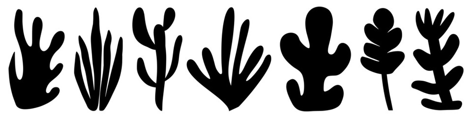 Set of various doodle plant shapes. Simple vector abstract flat illustration, black color, fashion design