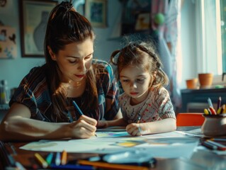 Fototapeta premium Woman helping toddler with art, sharing creative moment.