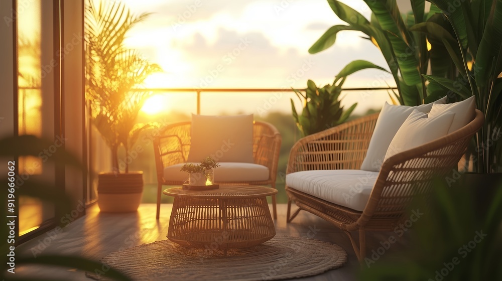 Wall mural Cozy balcony with rattan furniture and plants at sunset overlooking a serene landscape