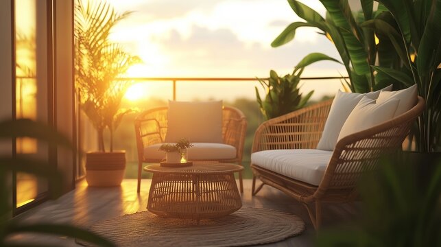 Cozy balcony with rattan furniture and plants at sunset overlooking a serene landscape