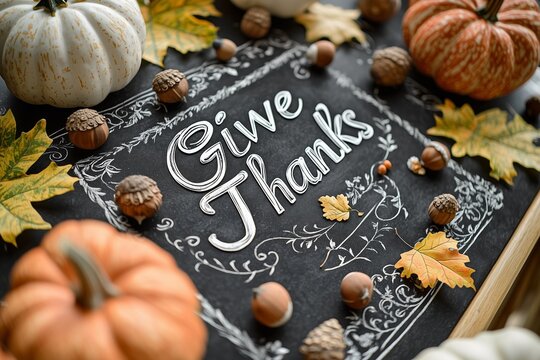 Thanksgiving Chalkboard Art: "Give Thanks" Lettering with Pumpkins, Acorns, and Leaves
