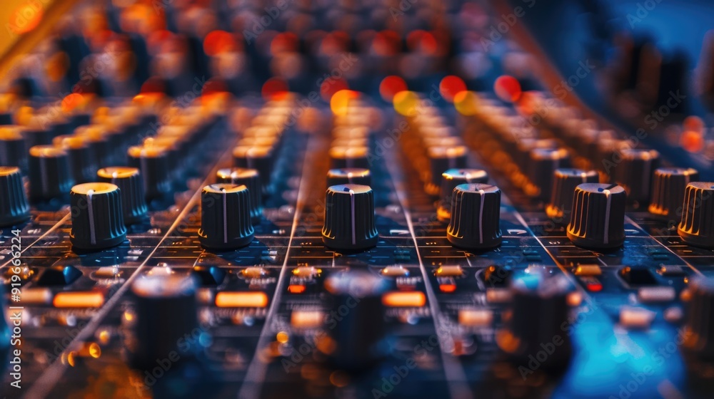 Poster sound mixing board with various buttons and sliders.