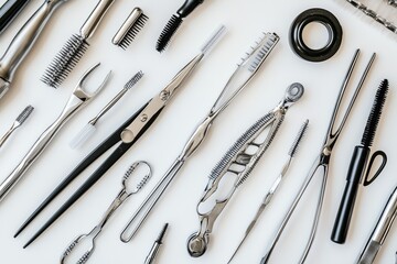 A variety of grooming tools arranged neatly for a professional beauty session in a well-lit salon