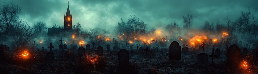 Obraz premium A dark Halloween night with haunted graveyard decorations, including dimly lit tombstones, eerie fog, and ghostly apparitions floating among the graves