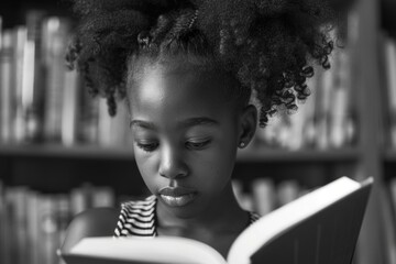 A young girl is engrossed in reading a book. The library setting conveys the importance of education and intellectual curiosity.