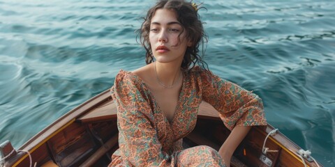 Girl with patterned dress sitting on boat, gazing at water.