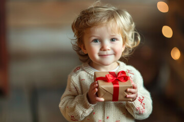 Toddler with big blue eyes holding a Christmas present, festive tree in the background.