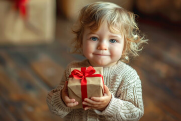 Toddler with big blue eyes holding a Christmas present, festive tree in the background.