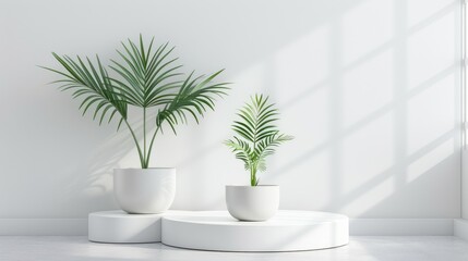 Fototapeta premium Stylish exhibition podium with plant on white background for product presentation.