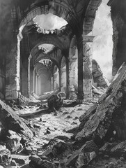 Black and white illustration of the aftermath of destruction, featuring a ruined building with columns and arches in an urban setting.