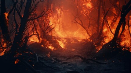 Raging forest fires in a desolate landscape.