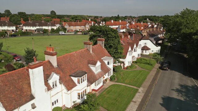 Aerial view of Arts and Crafts style housing in Port Sunlight, Wirral, England