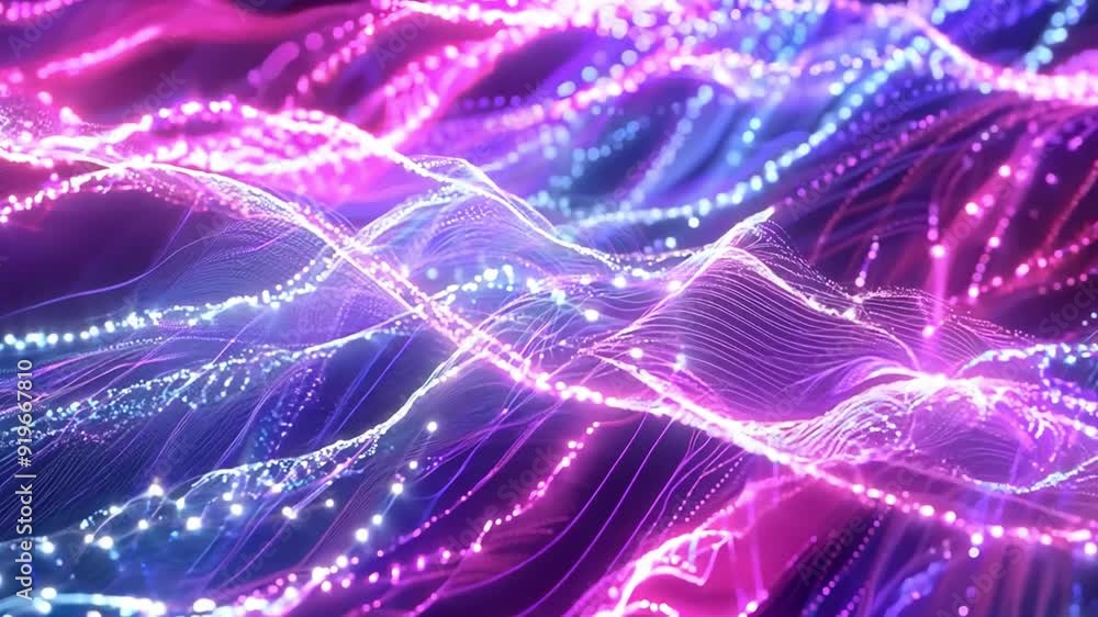 Poster colorful flowing lines and luminous dots create a mesmerizing abstract design with shades of pink an