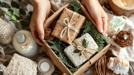 Self care package, seasonal gift box with zero waste organic cosmetics products for men. Personalized eco friendly basket for family and friends for thankgiving, christmas, fathers day