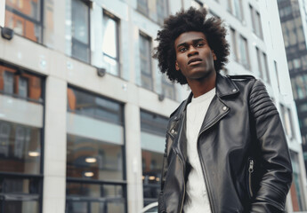 Naklejka premium Confident Stylish young man with an afro hairstyle, wearing a black leather jacket, standing confidently in an urban setting