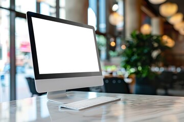 Fototapeta premium Mockup of a desktop PC on a marble table with soft light table blurring at a posh restaurant against a bokeh background. product display template, Generative AI.