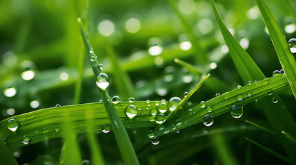 Naklejka premium Close-up view of green blades of grass with water drops, dew. Blurred background. Sharpness and detail of the grass. The vibrant green color. Nature’s intricate details. Lawn background.
