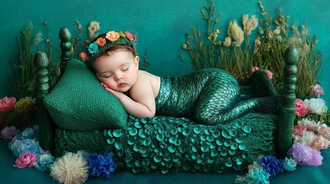 Serene Newborn Mermaid Sleeping Peacefully Amidst Floral Fantasy