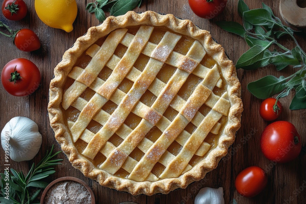 Wall mural a freshly baked pie surrounded by fresh ingredients on a wooden table.