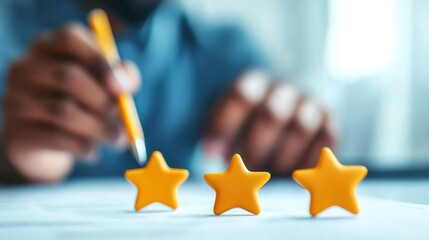 Fototapeta premium A person evaluating a performance with yellow star ratings, emphasizing assessment and feedback in a professional setting.