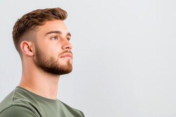Obraz premium A young man gazes thoughtfully to the side, showcasing a modern hairstyle and casual attire against a light background.