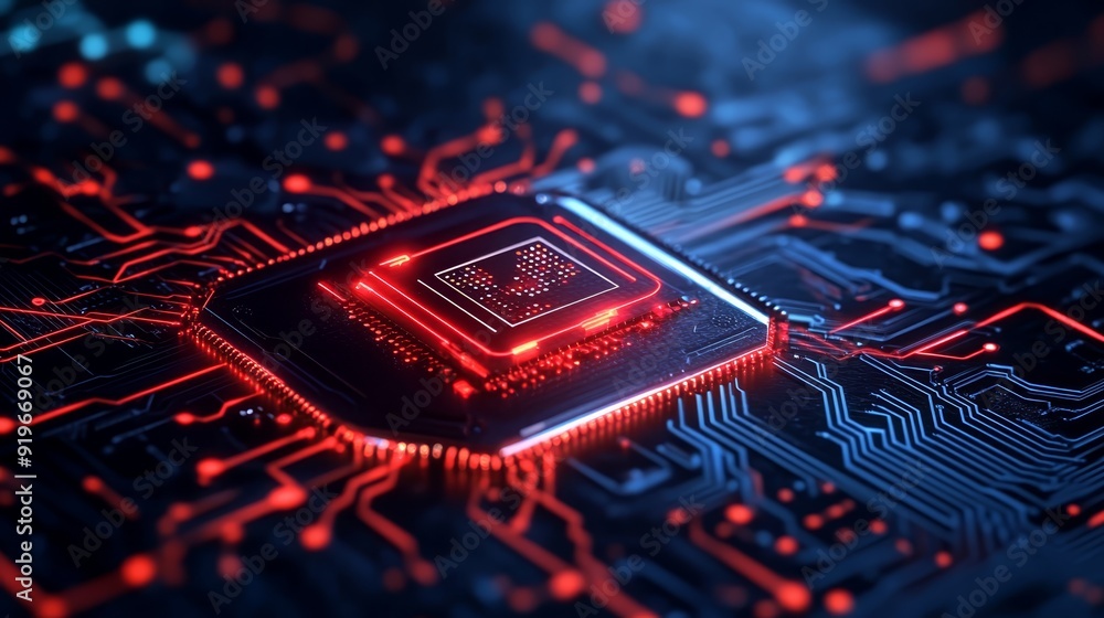 Aufkleber glowing red microchip on circuit board in close-up