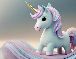 3d pastel color baby-horse and unicorn holding camera on white background