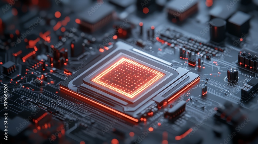 Poster glowing red cpu on advanced motherboard circuit