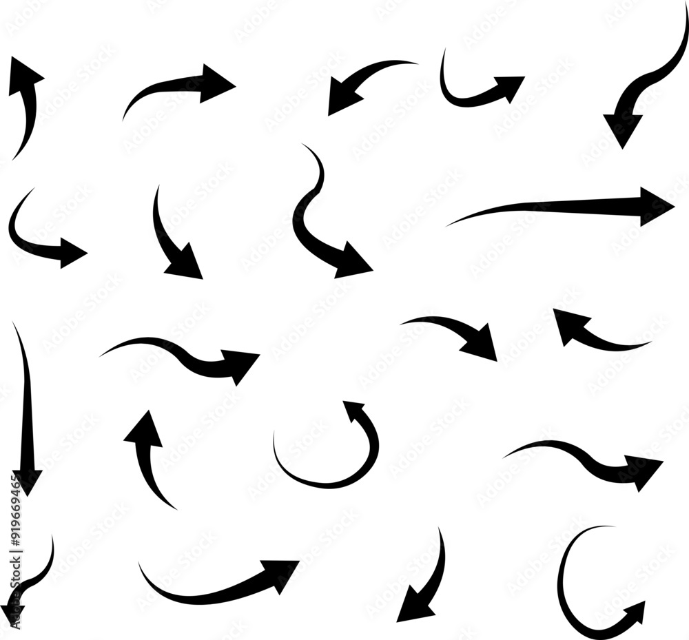 Poster direction indicators. hand drawn arrow vector icon set. curved arrows collection. simple arrow mark 
