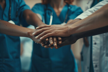 Diverse team of healthcare workers joining hands in solidarity and teamwork in a hospital setting.