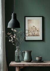 Minimalist interior design with dark green wall, modern decor, and rustic wooden table