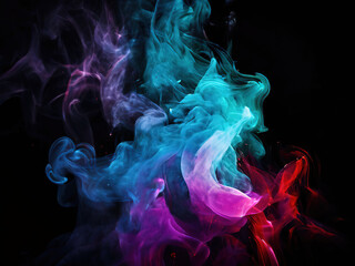 Abstract colorful smoke swirling on black background.