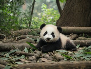 Obraz premium Baby giant panda in nature surrounded by greenery.