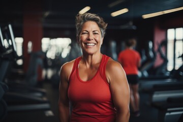 Fototapeta premium Smiling portrait of a slightly overweight middle aged woman in gym