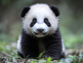 Baby giant panda in nature surrounded by greenery.