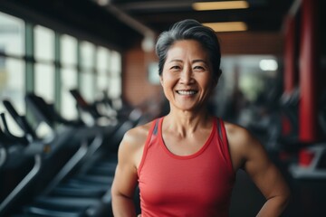 Fototapeta premium Smiling portrait of a slightly overweight middle aged woman in gym