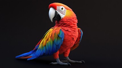 Fototapeta premium Scarlet Macaw with vibrant red, yellow, and blue feathers perched on black background.