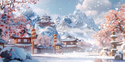 A graceful Asian woman dressed in traditional Hanfu stands in a snowy landscape with majestic snow-capped mountains in the background. The 3D illustration style highlights her elegance and the serene 