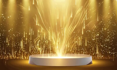 A luxurious golden stage adorned with glittering lights and sparkling particles. Elegant award ceremony celebrating