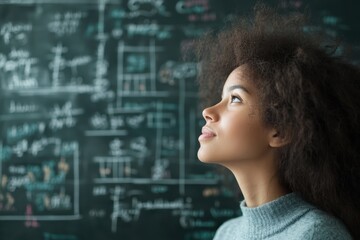 Focused Student Analyzing Mathematical Equations on Chalkboard