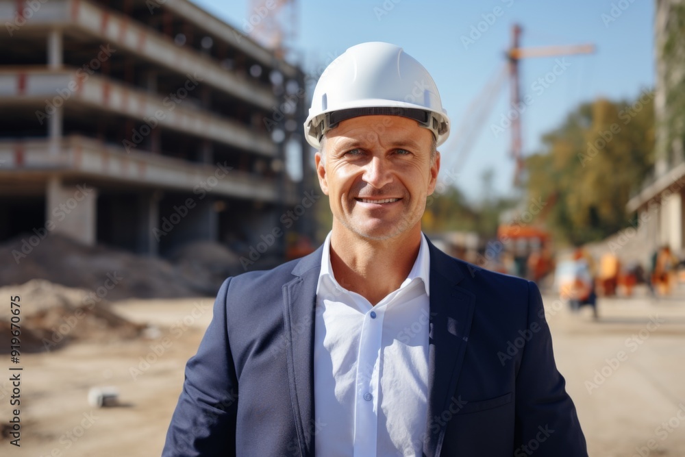 Wall mural portrait of a middle aged businessman on construction site