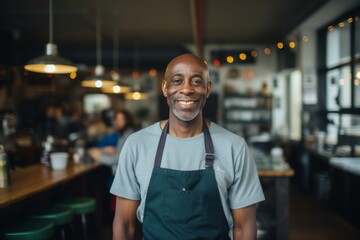 Fototapeta premium Portrait of a smiling male middle aged African American bartender