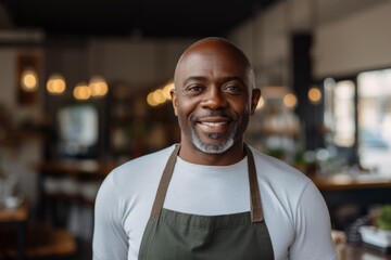 Fototapeta premium Portrait of a smiling male middle aged African American bartender