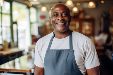 Fototapeta premium Portrait of a smiling male middle aged African American bartender